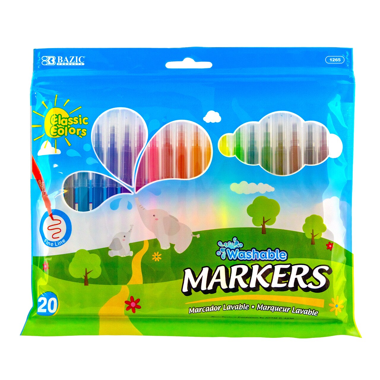 BAZIC 20 Colors Washable Markers, Fine Tip, for Kids School Art